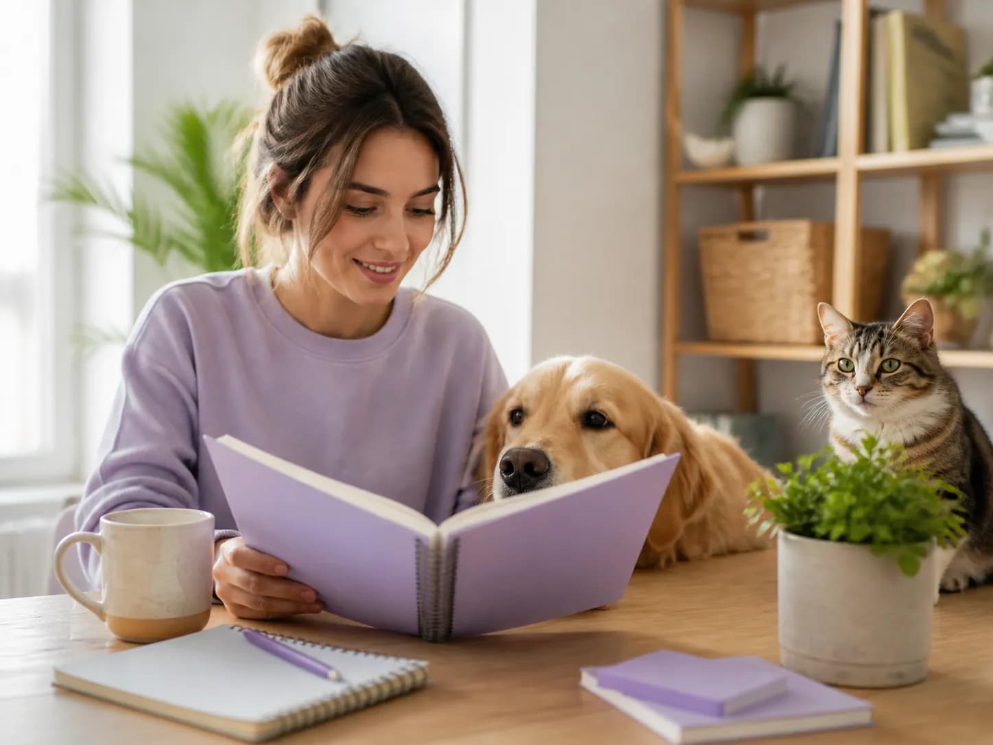A pet owner reviewing care information with their dog and cat nearby